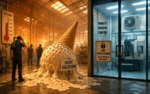 Workers stand in a hot warehouse beside a melting ice cream while an air conditioning unit is locked behind glass. A machine is shown inside a separate cooled area.