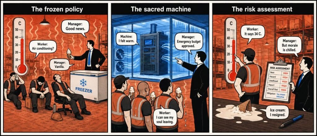 A 3-panel comic shows a manager offering ice cream during workplace heat, a machine being cooled first, and a melted ice cream beside a risk form.