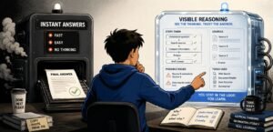 A teenager sits at a desk between two AI machines. One machine prints a finished answer, while the other displays visible reasoning steps and sources.