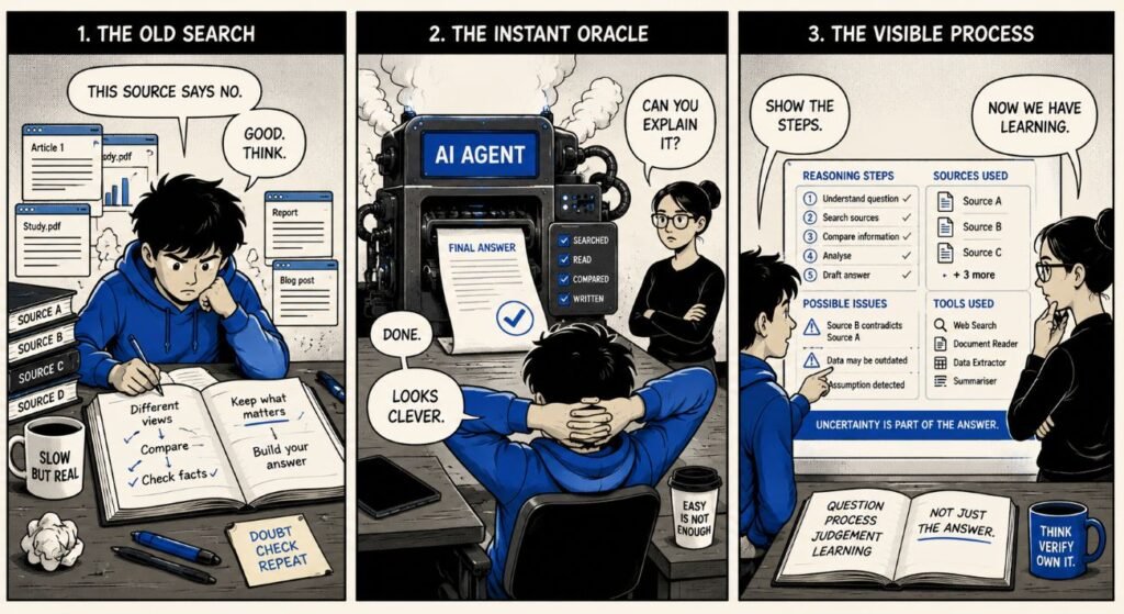 A 3-panel comic shows a teenager researching manually, receiving an instant AI answer, then checking visible AI reasoning steps.