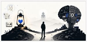A human silhouette stands between a glowing heart-lantern and a mechanical brain made of books, equations and circuits. A robot silhouette watches from the background.