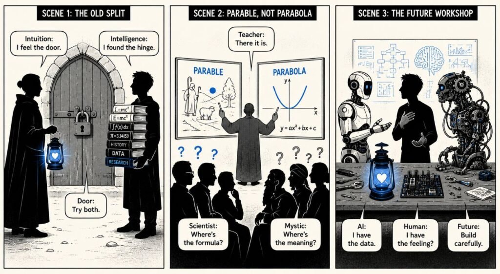 A 3-panel comic shows intuition and intelligence facing a locked door, a teacher comparing parable and parabola, and a human and robot building at a table.