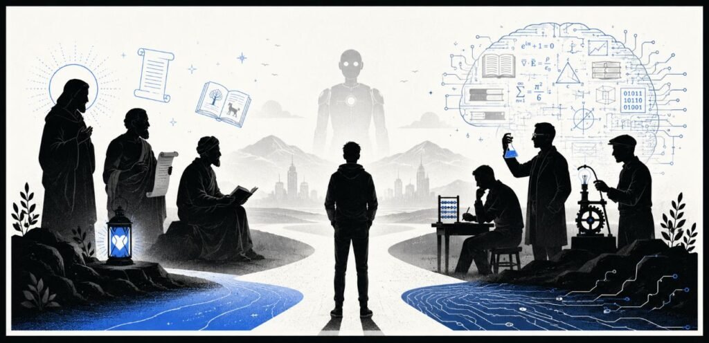 A central human silhouette stands between spiritual figures with a glowing lantern and scientific figures with equations, books and circuits. A robot silhouette watches from the background.