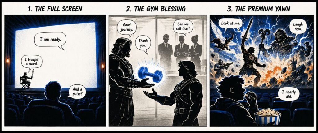 A 3-panel comic shows a large cinema screen, a gym cameo handover, and a battle scene watched by a quiet viewer.