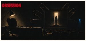 A sofa faces a narrow cinema screen in a dark auditorium. The screen has a boxed image and visible sound waves around it.