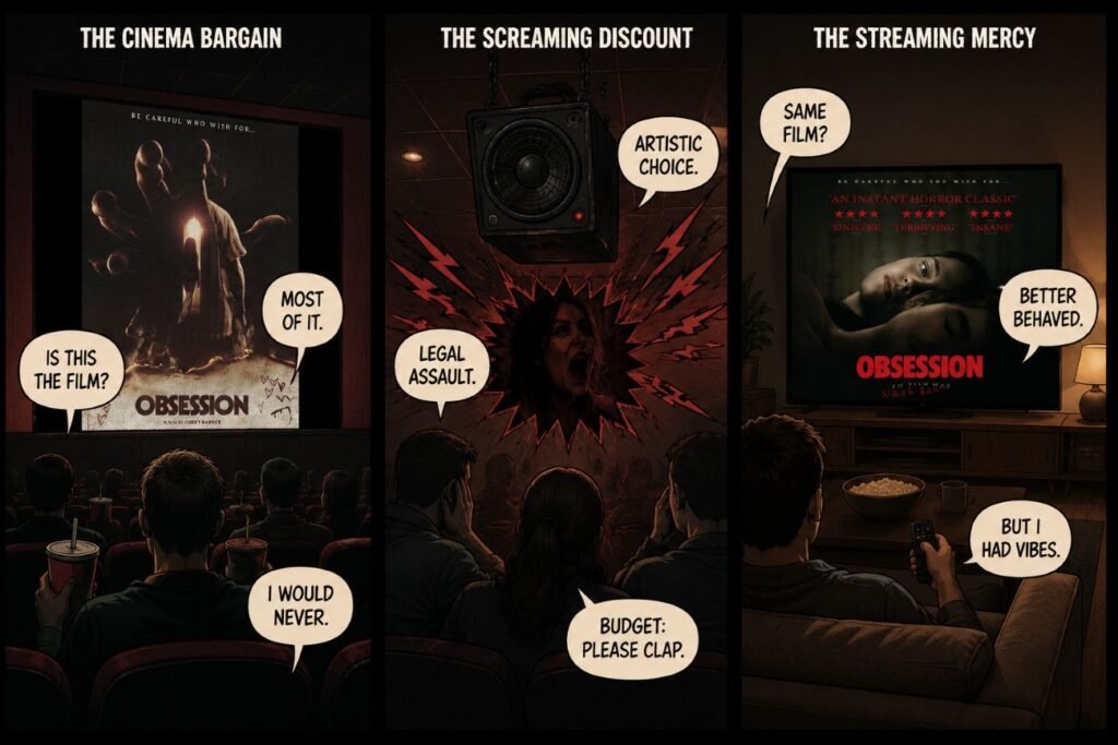 A 3-panel comic shows a narrow cinema screen, a harsh speaker and a living room television presenting the film more clearly.
