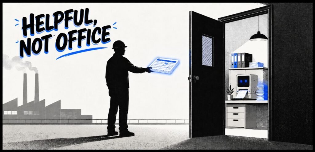 A 3-panel comic shows a production worker automating office forms, receiving more requests, then being stopped by an office rule.