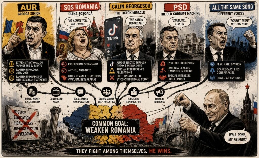 A satirical political cartoon about Romanian extremist parties, corruption, social media manipulation and foreign influence weakening democratic trust.