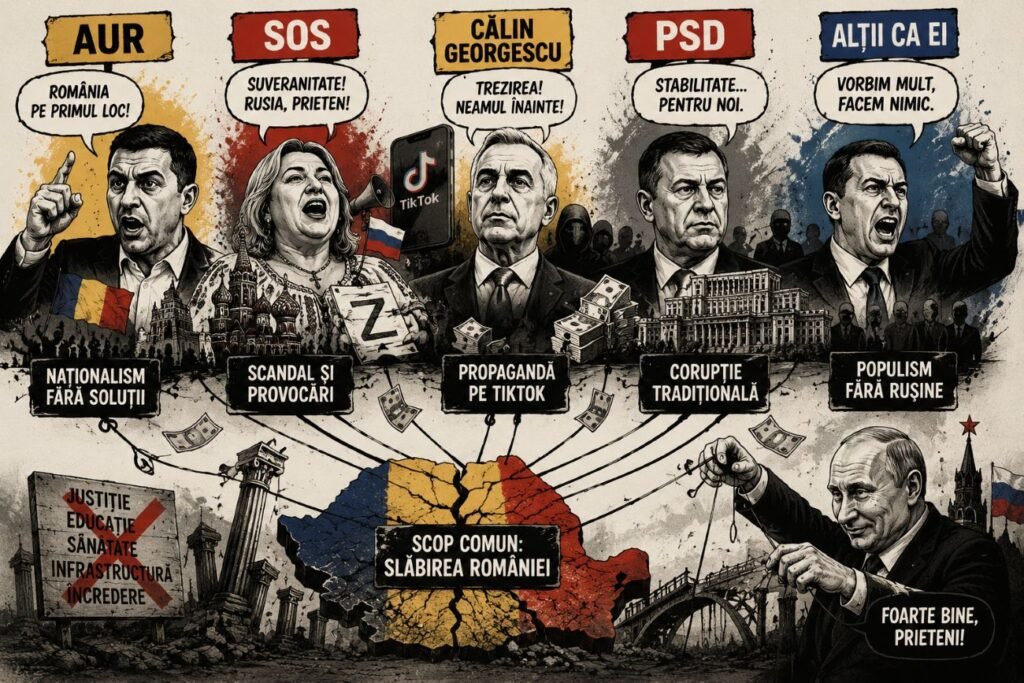 O caricatura politica arata figuri simbolice ale politicii romanesti, etichete de partid, instrumente de propaganda si simboluri ale coruptiei conectate la o harta crapata a Romaniei.