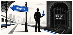 A silhouetted figure stands on a Western train platform between two signs, one pointing to rights and one pointing to a dark empire gate. The figure holds a small crown-shaped object.