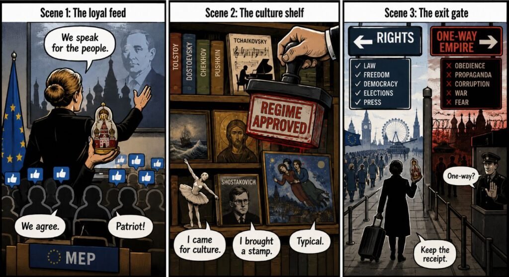 A three-panel comic shows an EU office, a Russian culture shelf being stamped by a regime symbol, and a split border gate with signs for rights and empire.
