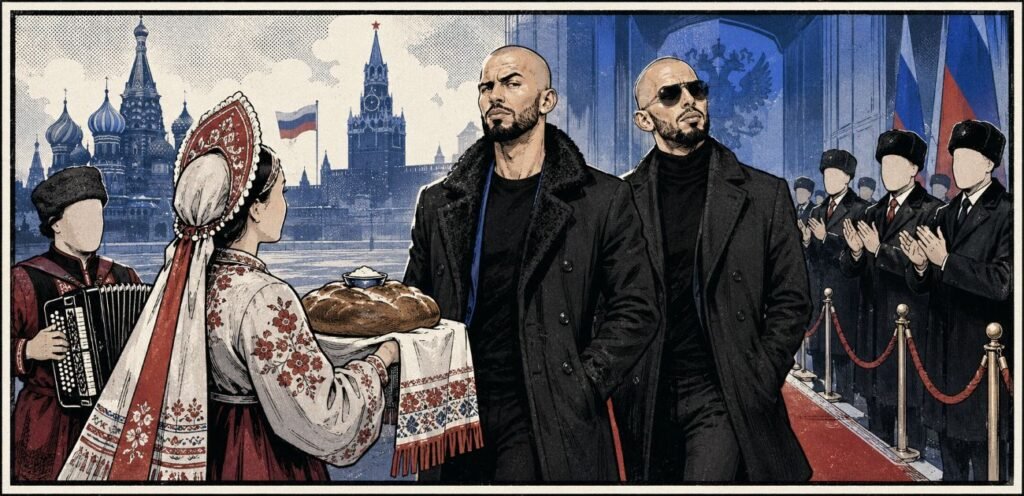 A comic-style illustration shows two public male figures being welcomed in Moscow with bread, salt, music and applauding officials.