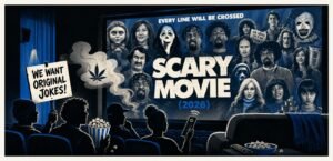 A cinema screen is surrounded by protest placards, a smoke cloud, a remote control, a closed premium-screen door and a sofa. The image shows cinema and streaming competing around the same film.