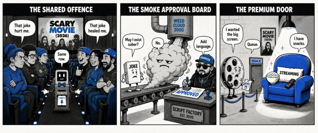 A 3-panel comic shows activists sharing one cinema row, a joke passing through smoke, and a film waiting outside a premium-screen door.