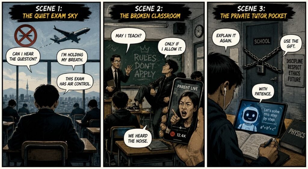 A 3-panel comic shows a silent exam sky with circling planes, a broken classroom with a teacher, bully and parent phone, and a student using an AI tutor.