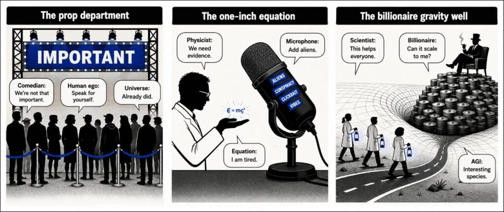 A three-panel comic shows human silhouettes under a stage sign, a physicist holding a tiny equation, and scientists carrying lamps beside a wealthy figure on stacked coins.