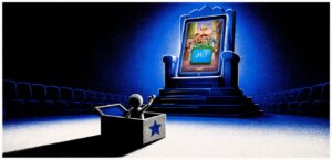 A tablet on a cinema throne faces a small toy box below it. A single toy reaches towards the screen while rows of empty cinema seats sit in the background.