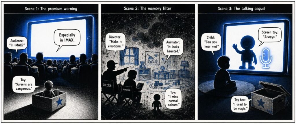 A 3-panel comic shows a toy warning about screens in an IMAX cinema, a grainy memory scene, and a child speaking to a screen character while a toy box is ignored.