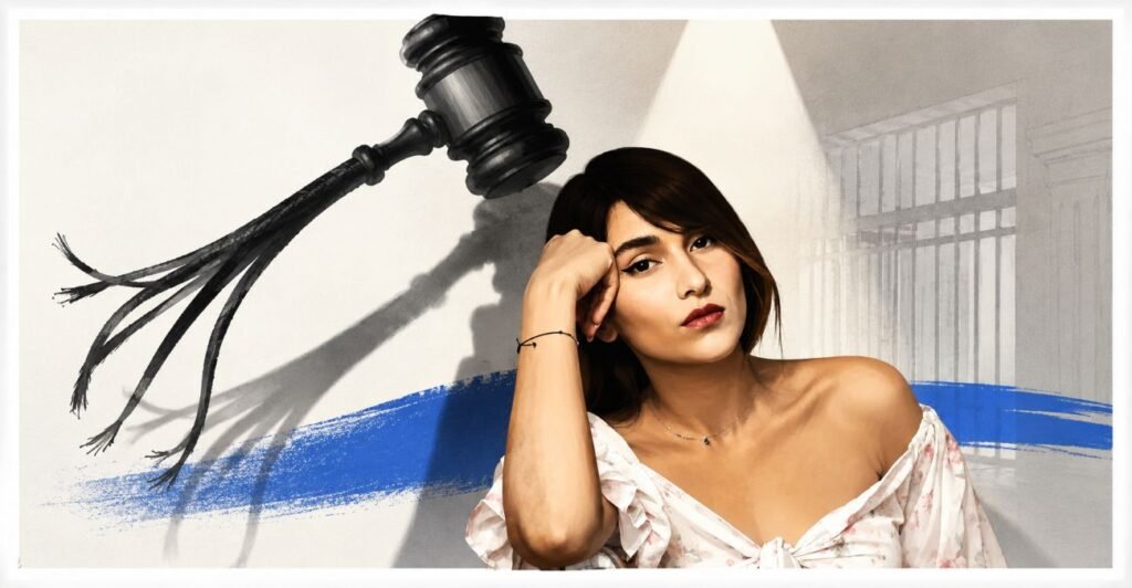 A singer silhouette stands on a stage beneath a large gavel shaped like a whip. A locked gate and a small window appear in the background.