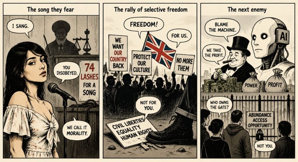 A 3-panel comic shows a singer facing a court gavel, a freedom rally stepping on civil liberties, and a billionaire beside an AI machine. The panels use simple symbolic figures.