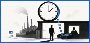 A worker stands under a large clock near a factory entrance while coins fall into a drawer marked for management. A canteen sign is visible in the distance.