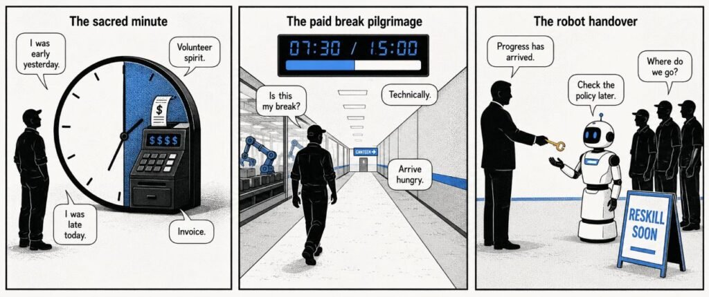 A 3-panel comic shows a worker punished by a clock, losing break time walking to a canteen, and watching a robot receive a key from management.