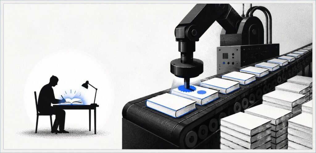 A writer stands beside a conveyor belt carrying identical books while a mechanical hand stamps each cover.
