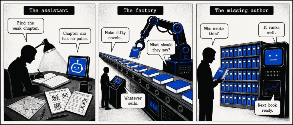 A three-panel comic shows AI helping a writer, running a book factory and filling a platform shelf with identical titles.