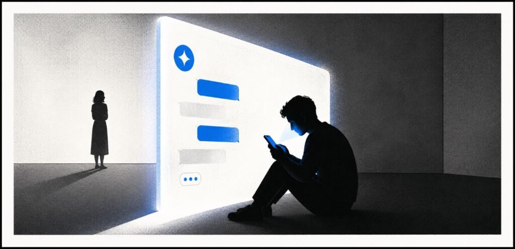 A person sits with a phone while an AI chat window appears between them and another person in the distance. The two human figures are separated by the glowing screen.