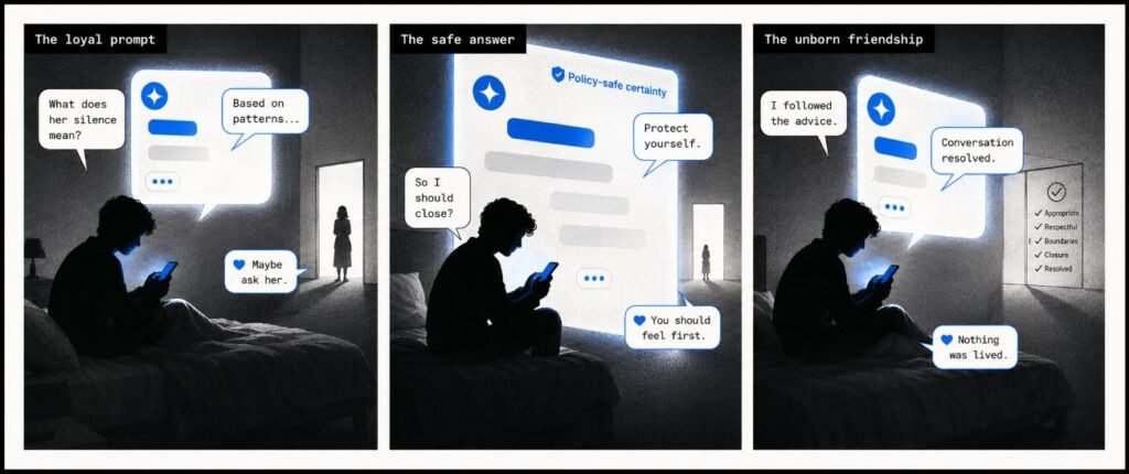 A 3-panel comic shows a person asking AI about silence, following the safe answer, and losing a possible human connection.