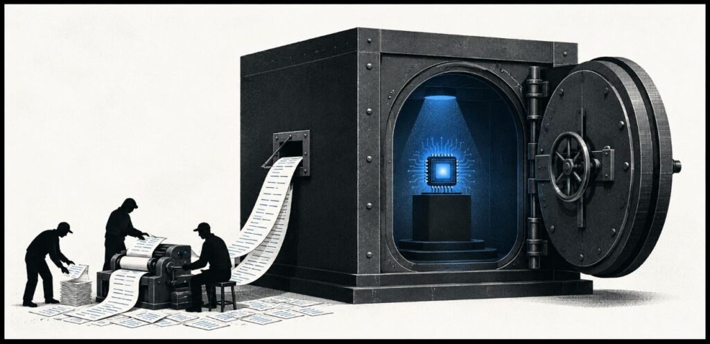 A large steel vault contains a computer chip while sheets of printed data pass through an open window into a smaller machine operated by shadowed figures.