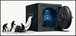 A large steel vault contains a computer chip while sheets of printed data pass through an open window into a smaller machine operated by shadowed figures.