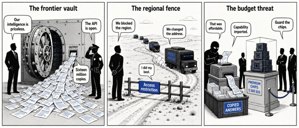 A three-panel comic shows an open AI vault, proxy servers bypassing a regional fence and copied outputs entering a cheap machine.