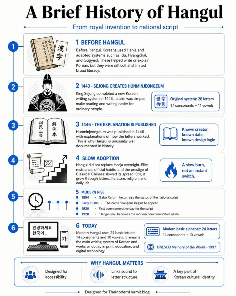 Infographic showing a brief history of Hangul, from Hanja before Hangul to Sejong's 1443 creation, the 1446 publication, slow adoption, modern rise, and today's 24 basic letters.