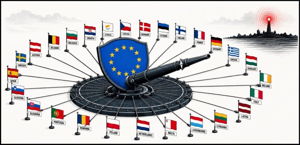 A central EU shield and defence platform are connected by cables to 27 labelled national flags, while a red warning beacon appears on the horizon.