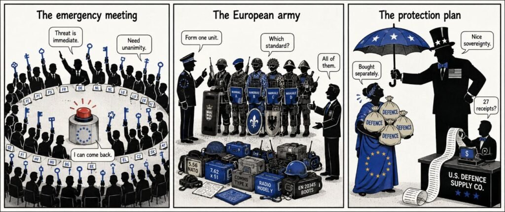 A three-panel comic shows ministers waiting for unanimity, soldiers carrying incompatible equipment and Europe relying on an American umbrella.