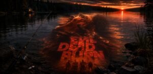 An empty cinema seat faces a large screen showing a lake, a burning fishing rod and a dark hand near the shore.