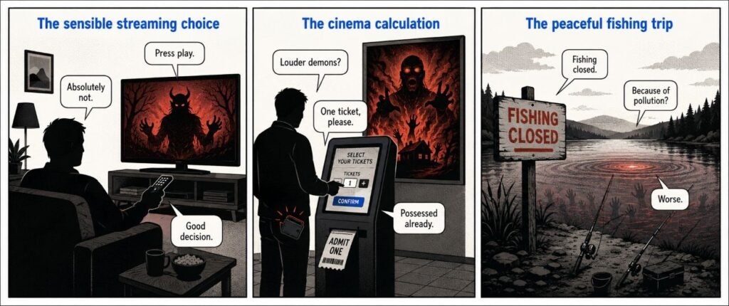 A 3-panel comic shows a man refusing to stream a horror film, buying a cinema ticket and finding an abandoned fishing lake.