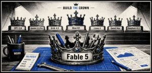 A crown sits on a workbench beside tools, a small receipt and a simple website frame. Other crowns remain on a stage in the background.