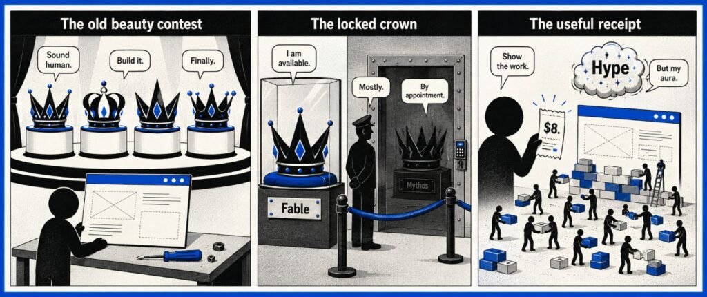 A three-panel comic shows AI model trophies, a guarded crown, and small agent figures building a website while a reviewer holds a receipt.