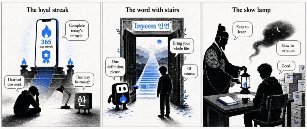 A 3-panel comic shows a learner facing a streak app, a doorway marked Inyeon, and a lamp placed by a Sejong-like silhouette. Each panel contrasts app pressure with slow learning.