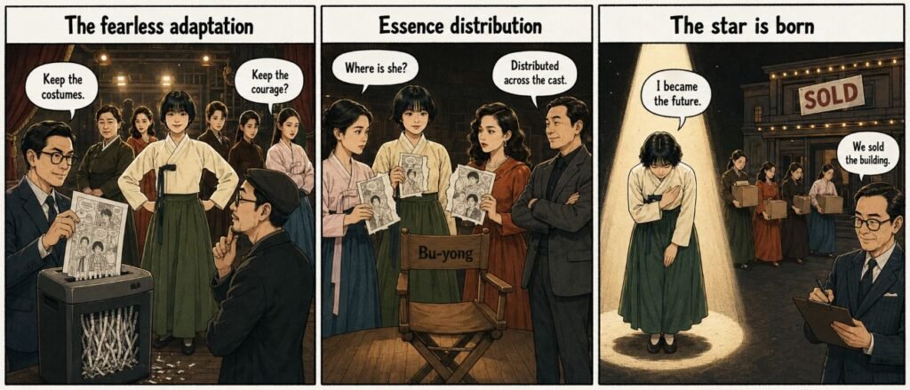 A 3-panel comic shows a webtoon being cut, an empty chair labelled Bu-yong, and a theatre being sold during the final bow.