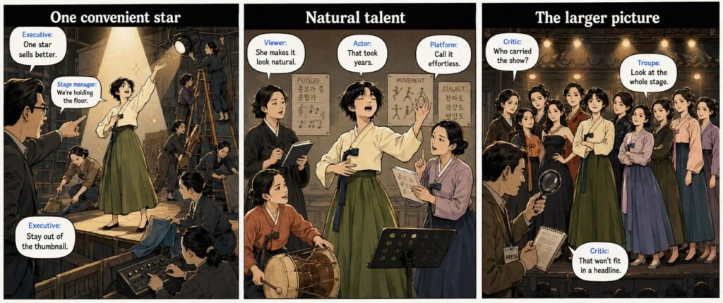 A three-panel comic shows a platform promoting one actor, an actor training with several teachers and a critic overlooking the full troupe.