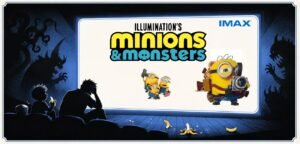 A child and an adult stand in front of a large cinema ticket shaped like a doorway. Bananas, a remote control and monster silhouettes are visible around the doorway.