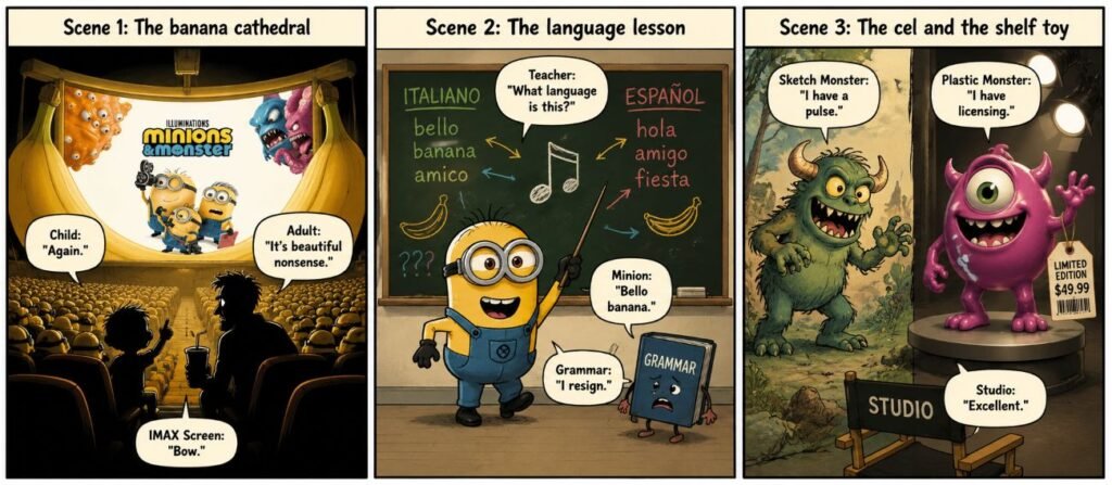 A 3-panel comic shows a banana-shaped cinema, a Minion at a language blackboard, and two monsters comparing sketchwork and glossy animation.
