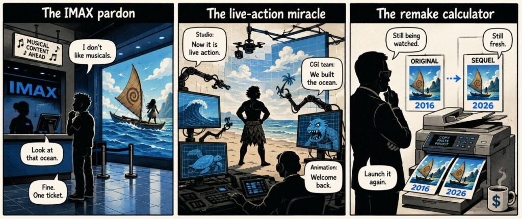 A 3-panel comic shows IMAX persuading a viewer, CGI artists building an ocean and a studio executive relaunching the same canoe.