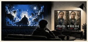 A large cinema screen faces a smaller television in a dark room. A viewer silhouette looks towards the television while the cinema screen appears oversized in the background.