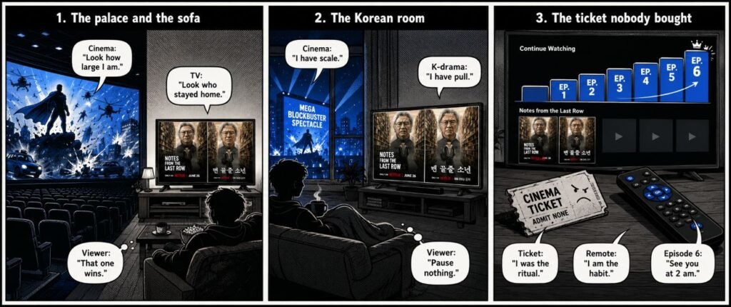 A three-panel comic shows a cinema screen losing attention to a television, a sofa facing a Korean drama, and a cinema ticket beside a remote control.