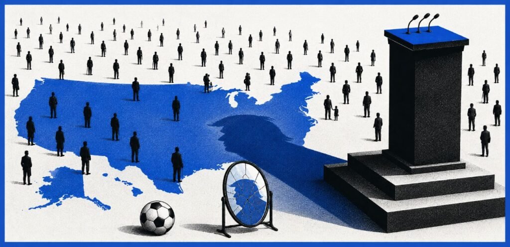 A political podium casts a country-shaped shadow over a crowd of individual silhouettes, with a football and cracked mirror nearby.