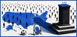 A political podium casts a country-shaped shadow over a crowd of individual silhouettes, with a football and cracked mirror nearby.